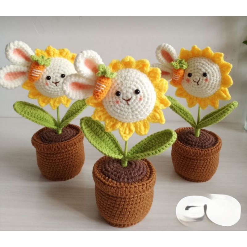 Chậu Hoa Thỏ Mặt Trời Bằng Len  , Chậu Hoa Len Handmade