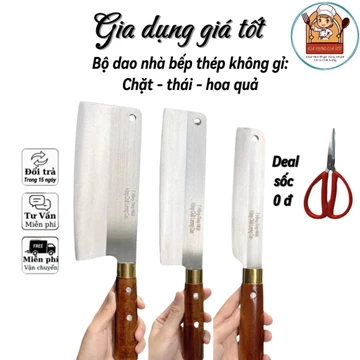 Bộ dao nhà bếp: Dao chặt, Dao thái to, Dao gọt hoa quả - thép trắng không gỉ - Dao làng nghề Đa Sỹ