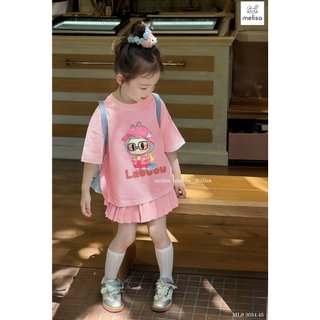 [B&G] Sét bộ Labubu màu hồng áo cổ tròn kèm chân váy size 10-42kg bé 1-11 tuổi