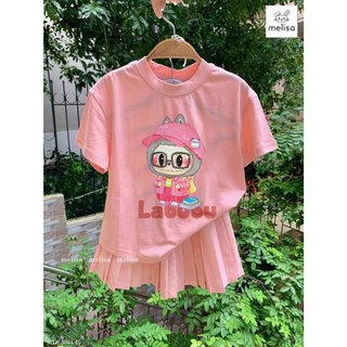 [B&G] Sét bộ Labubu màu hồng áo cổ tròn kèm chân váy size 10-42kg bé 1-11 tuổi