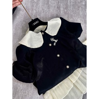 Váy Đầm Nữ Đen Phối Cổ Sen Kem Cúc Ngọc Kèm Tag Chaneo Cài Rời Phối Gấu Viền Voan 2 Tầng Freesize