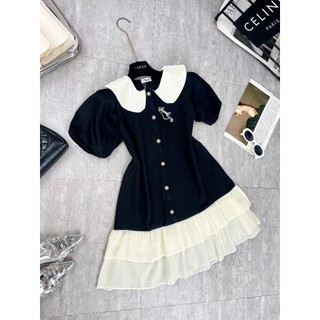 Váy Đầm Nữ Đen Phối Cổ Sen Kem Cúc Ngọc Kèm Tag Chaneo Cài Rời Phối Gấu Viền Voan 2 Tầng Freesize