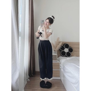 Set Bộ Đồ Nữ Áo Tăm Lông Thỏ Ôm Body Viền Cổ Ren Đính Nơ Nổi Mix Quần Suông Nilen Ống Rộng Freesize