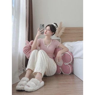 Set Bộ Đồ Nữ Áo Tăm Lông Thỏ Ôm Body Viền Cổ Ren Đính Nơ Nổi Mix Quần Suông Nilen Ống Rộng Freesize