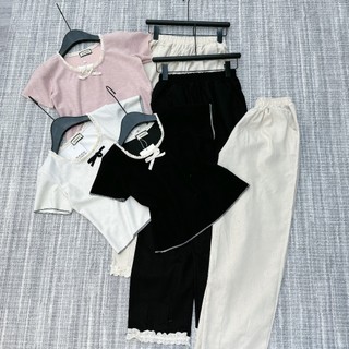 Set Bộ Đồ Nữ Áo Tăm Lông Thỏ Ôm Body Viền Cổ Ren Đính Nơ Nổi Mix Quần Suông Nilen Ống Rộng Freesize