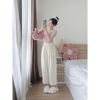 Set Bộ Đồ Nữ Áo Tăm Lông Thỏ Ôm Body Viền Cổ Ren Đính Nơ Nổi Mix Quần Suông Nilen Ống Rộng Freesize
