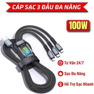 3369 Cáp Sạc Nhanh , Dây Sạc Tự Ngắt Bọc Dù 100W Tích Hợp 3 Cổng Micro Usb Type C 3 In 1