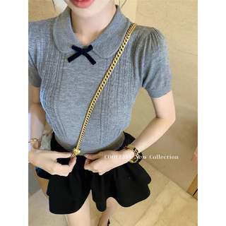 Áo len nữ cộc tay nơ cổ bẻ, len mongtoghi xoắn thừng dáng lỡ free size 575