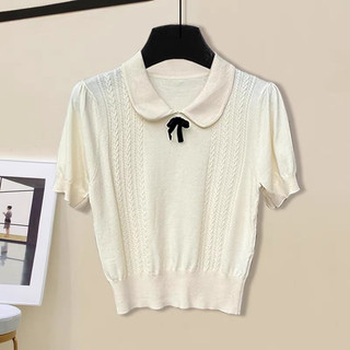 Áo len nữ cộc tay nơ cổ bẻ, len mongtoghi xoắn thừng dáng lỡ free size 575