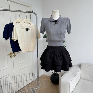 Áo len nữ cộc tay nơ cổ bẻ, len mongtoghi xoắn thừng dáng lỡ free size 575