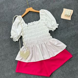 Đồ Bộ Bigsize Nữ Áo Kiểu Tay Ngắn Phồng Nhấn Chun Thân Co Giãn Kèm Quần Đùi Ống Rộng SET917