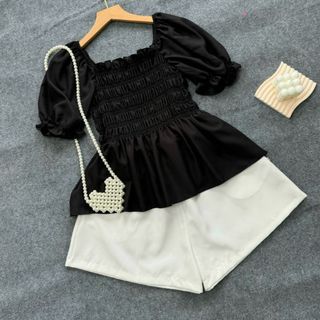 Đồ Bộ Bigsize Nữ Áo Kiểu Tay Ngắn Phồng Nhấn Chun Thân Co Giãn Kèm Quần Đùi Ống Rộng SET917