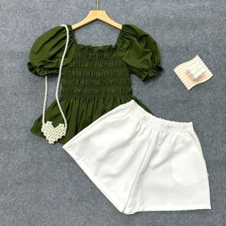Đồ Bộ Bigsize Nữ Áo Kiểu Tay Ngắn Phồng Nhấn Chun Thân Co Giãn Kèm Quần Đùi Ống Rộng SET917