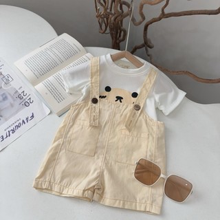 Set yếm đùi Kaki mềm kèm áo tăm lạnh cho bé trai, bé gái 4-12kg. Bộ yếm 2 dây cho bé. Dino Kids