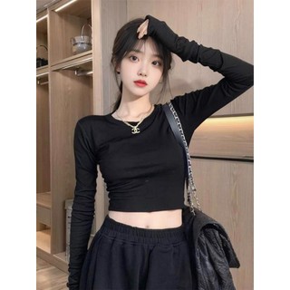Áo Tay Dài Cổ Tròn Croptop Trơn Nữ Ôm Body Chất Tốt Rusy, Áo Thun gân kiểu nữ crt dài tay TD02 Rusy