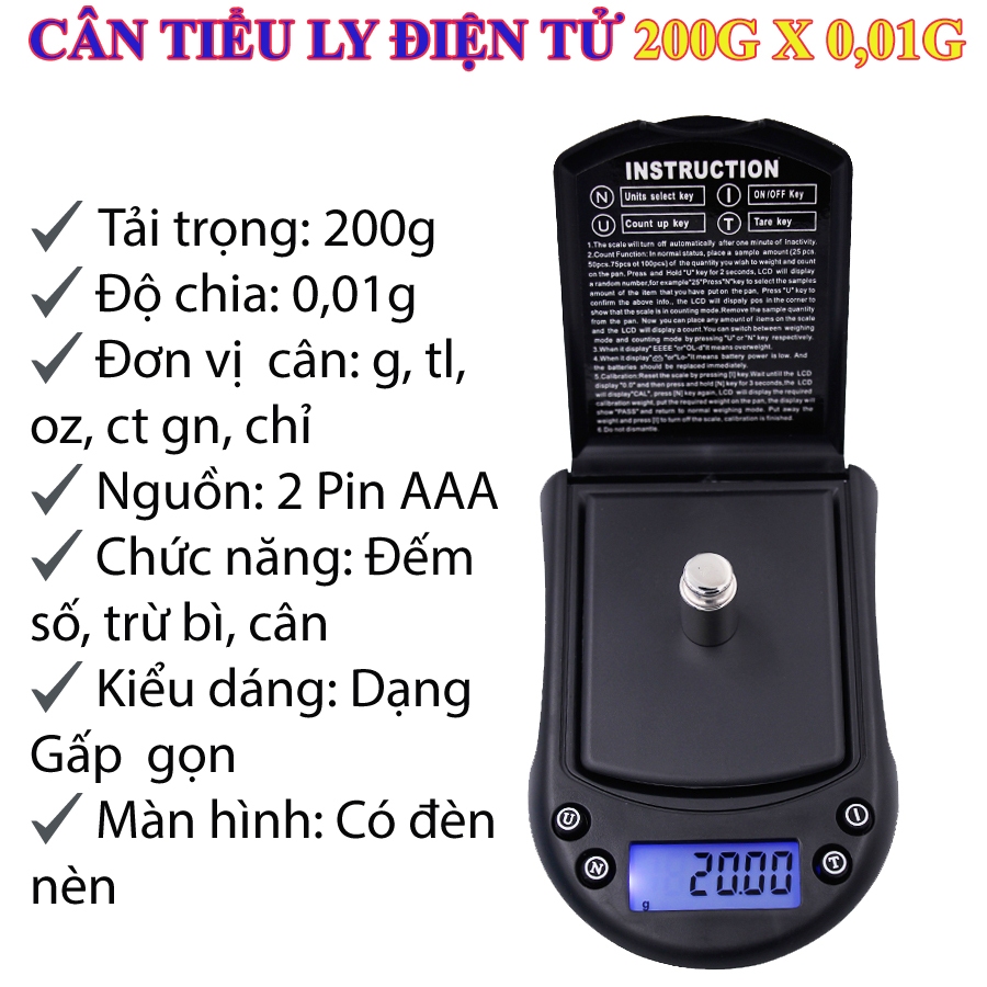 Cân Tiểu Ly Điện Tử 200x 0,01g A07, sai số 0.01g nhỏ gọn bỏ túi