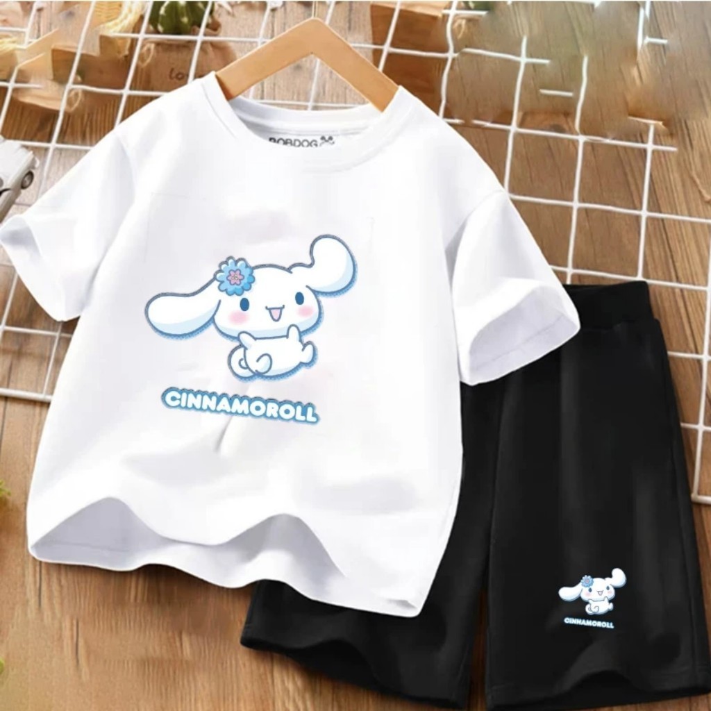 Set bộ quần áo hè hình ép nhiệt THỎ CINNAMOROLL GẮN HOA chất thun cotton mềm mịn dành cho bé size 10-40kg