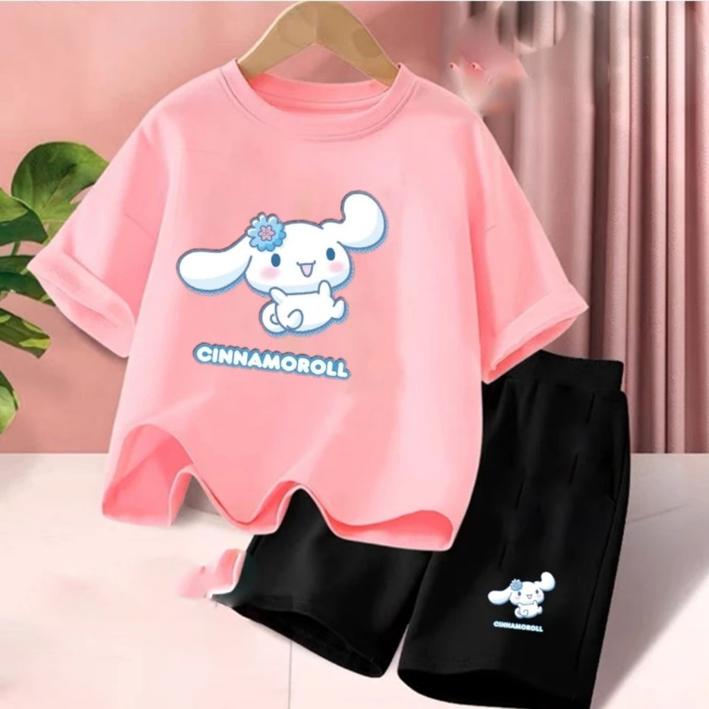 Set bộ quần áo hè hình ép nhiệt THỎ CINNAMOROLL GẮN HOA chất thun cotton mềm mịn dành cho bé size 10-40kg