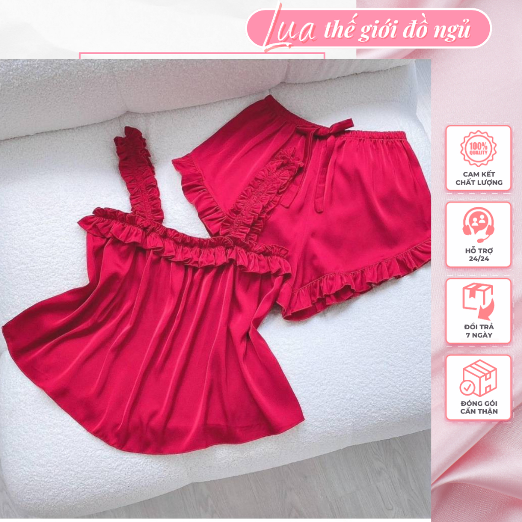 Bộ ngủ lụa,set mặc nhà 2 dây quần đùi nhún bèo cách điệu xinh sắn ...