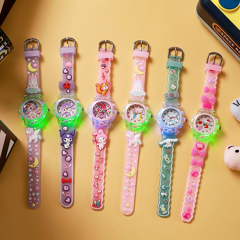 Đồng Hồ Phát Sáng LED Sanrio Kuromi Cinnamon Dây đeo 3D Dây đeo silicon Đồng hồ trẻ em