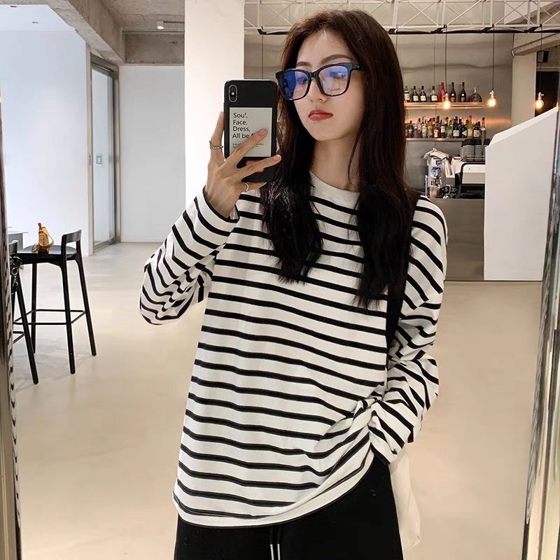 Áo thun Nữ dài tay kẻ sọc JULY fashion2023, Áo thun nữ tay dài sọc ngang, dáng rộng Cotton 4 chiều mẫu mới mùa đông 2024