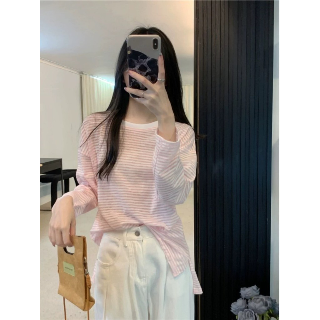 Áo thun Nữ dài tay kẻ sọc JULY fashion2023, Áo thun nữ tay dài sọc ngang, dáng rộng Cotton 4 chiều mẫu mới mùa đông 2024