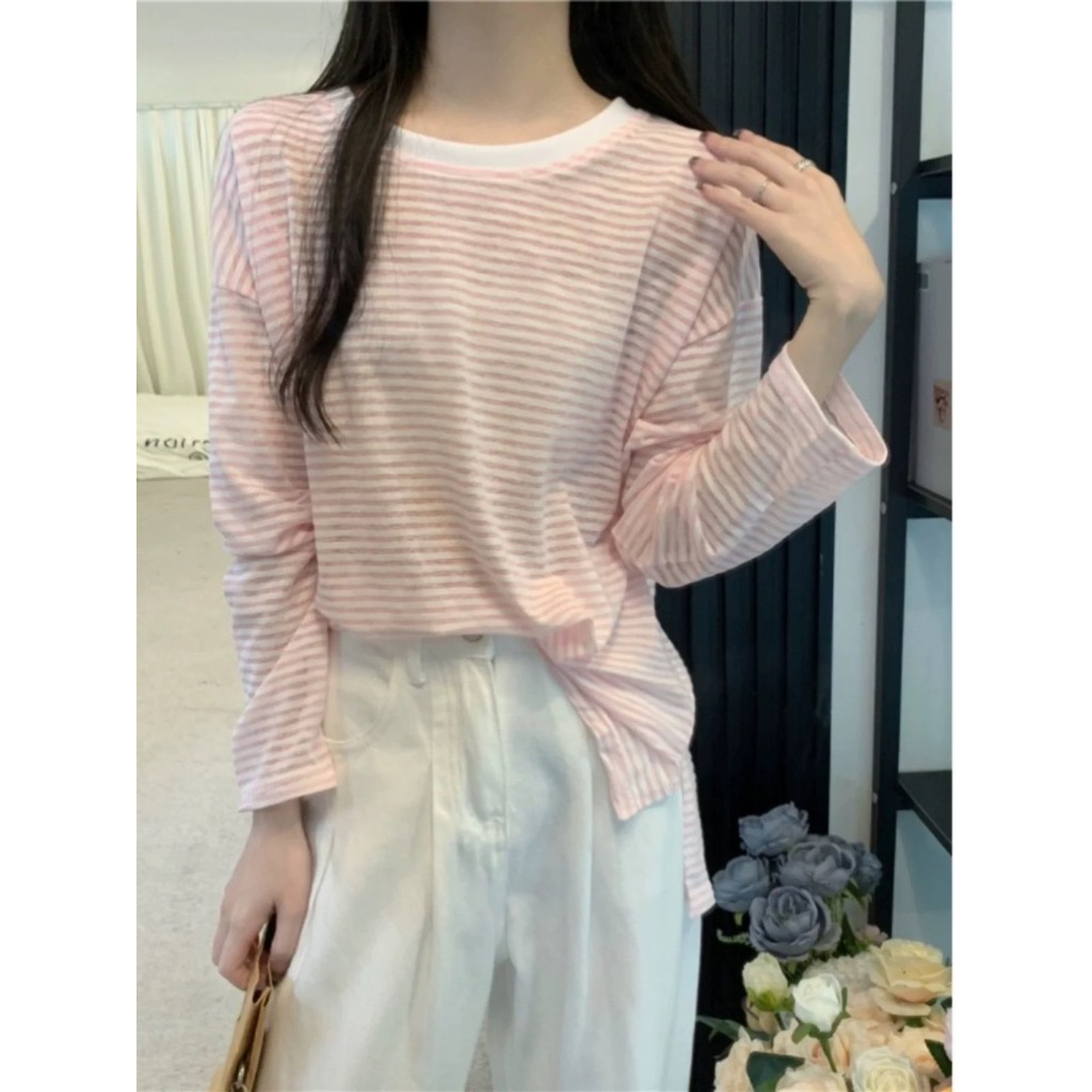 Áo thun Nữ dài tay kẻ sọc JULY fashion2023, Áo thun nữ tay dài sọc ngang, dáng rộng Cotton 4 chiều mẫu mới mùa đông 2024