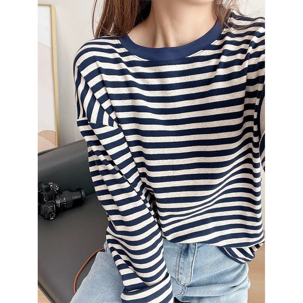 Áo thun Nữ dài tay kẻ sọc JULY fashion2023, Áo thun nữ tay dài sọc ngang, dáng rộng Cotton 4 chiều mẫu mới mùa đông 2024