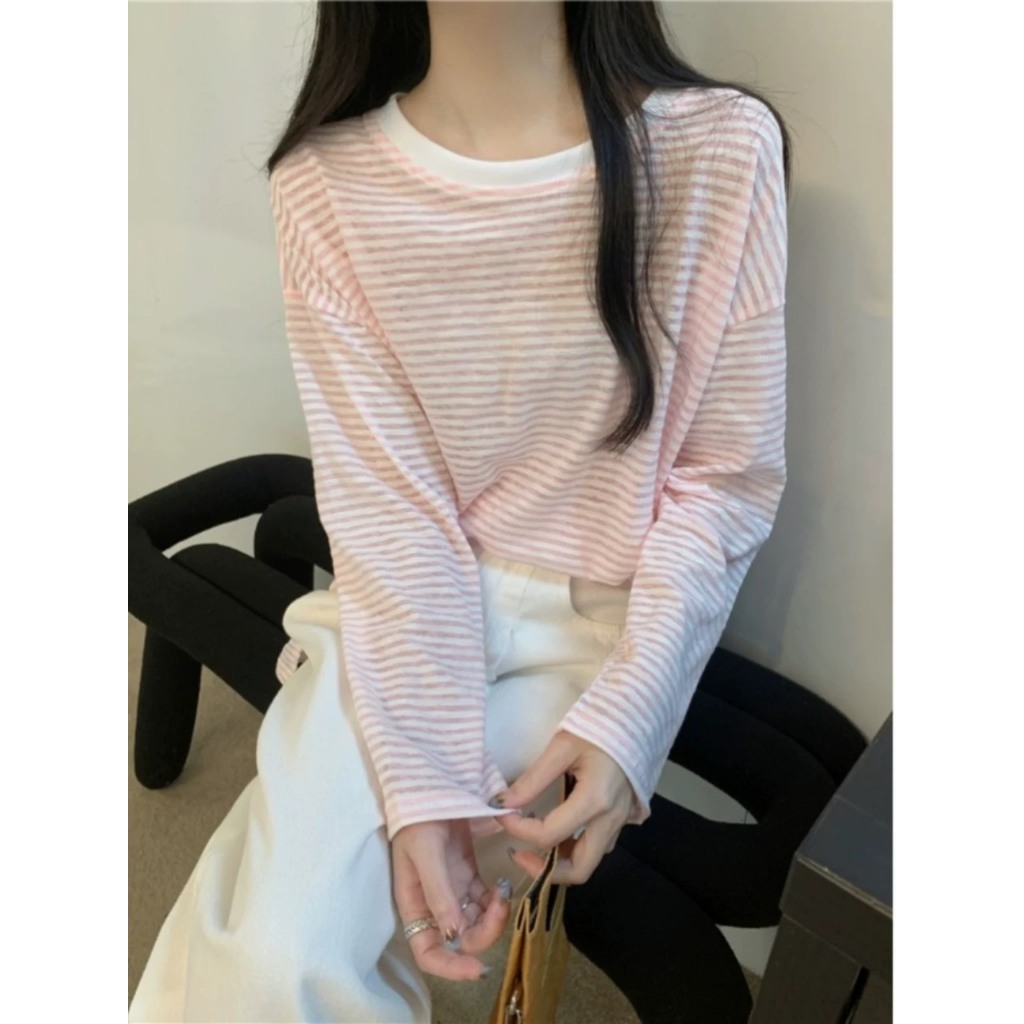 Áo thun Nữ dài tay kẻ sọc JULY fashion2023, Áo thun nữ tay dài sọc ngang, dáng rộng Cotton 4 chiều mẫu mới mùa đông 2024