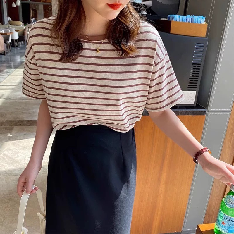 Áo Thun Nữ ngắn tay kẻ sọc ngang trẻ trung JULY fashion2023, Áo phông Nữ sọc ngang Chất Cotton 4 chiều mềm mát
