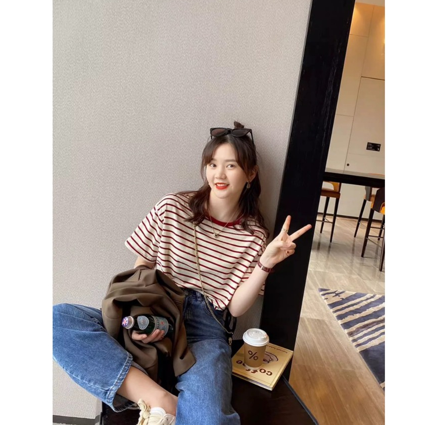 Áo Thun Nữ ngắn tay kẻ sọc ngang trẻ trung JULY fashion2023, Áo phông Nữ sọc ngang Chất Cotton 4 chiều mềm mát