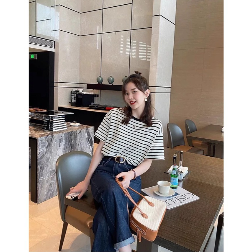 Áo Thun Nữ ngắn tay kẻ sọc ngang trẻ trung JULY fashion2023, Áo phông Nữ sọc ngang Chất Cotton 4 chiều mềm mát