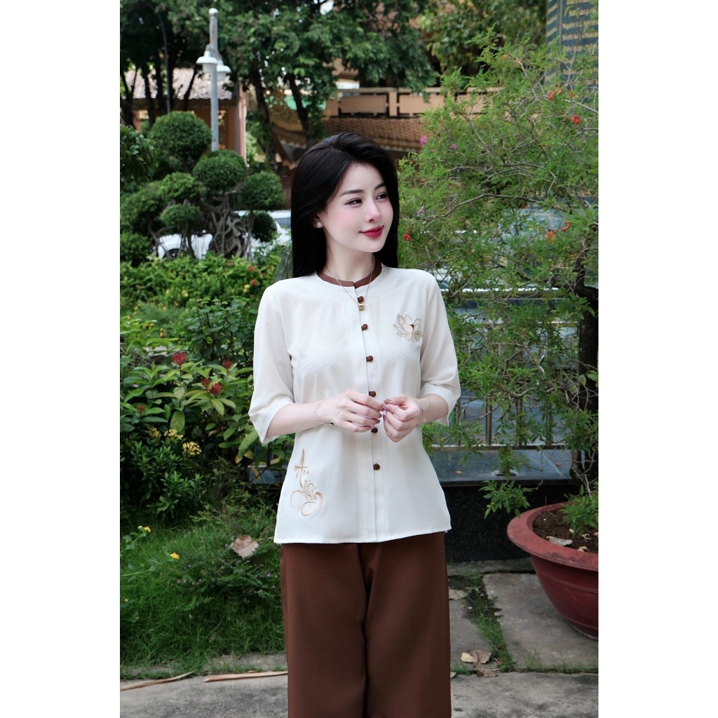Bộ đi chùa cổ tròn thêu An Nhiên lụa trượt Pháp phục đi chùa đính cúc bọc thêu sen Đồ lam nữ tay lỡ lụa mêm Thanh lịch