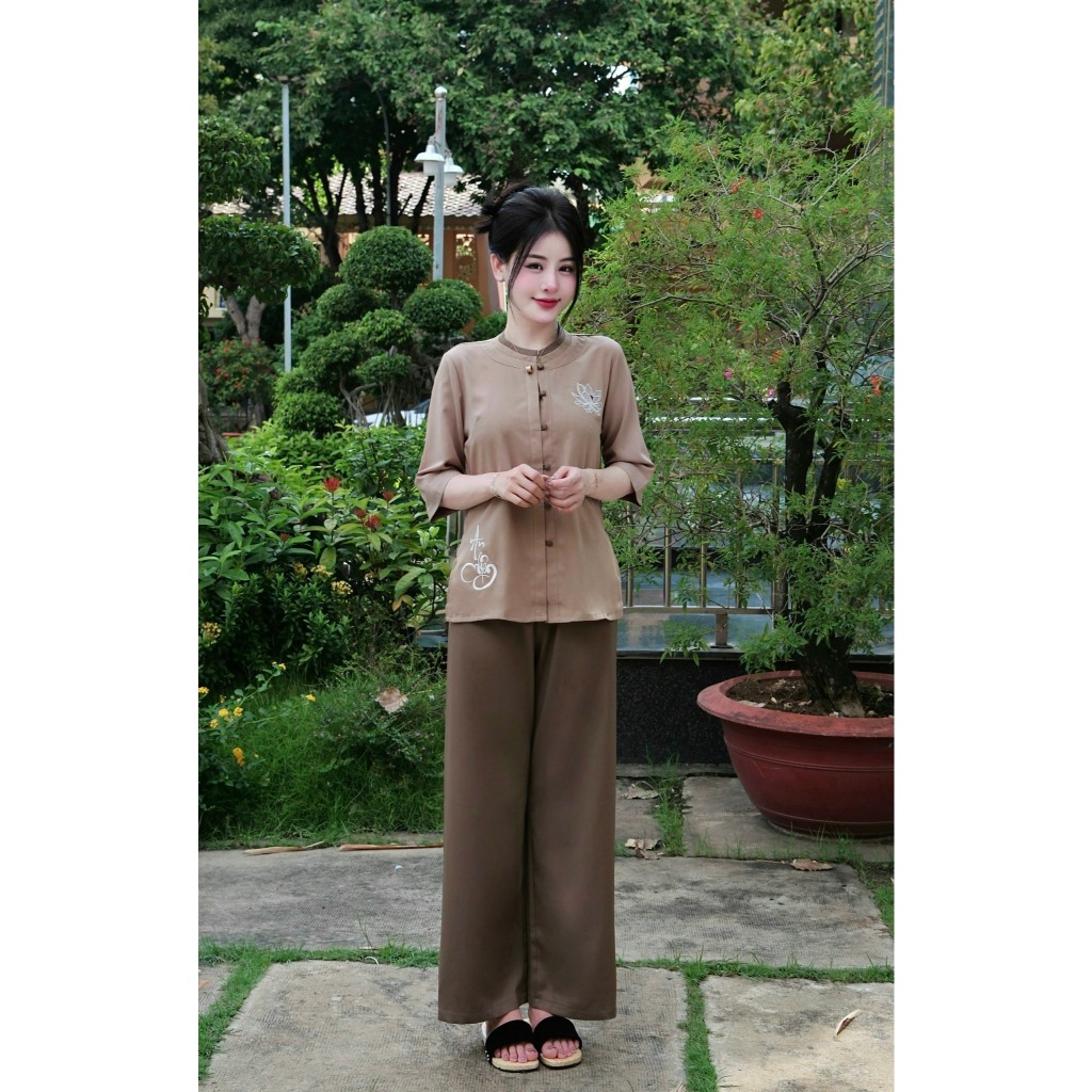 Bộ đi chùa cổ tròn thêu An Nhiên lụa trượt Pháp phục đi chùa đính cúc bọc thêu sen Đồ lam nữ tay lỡ lụa mêm Thanh lịch