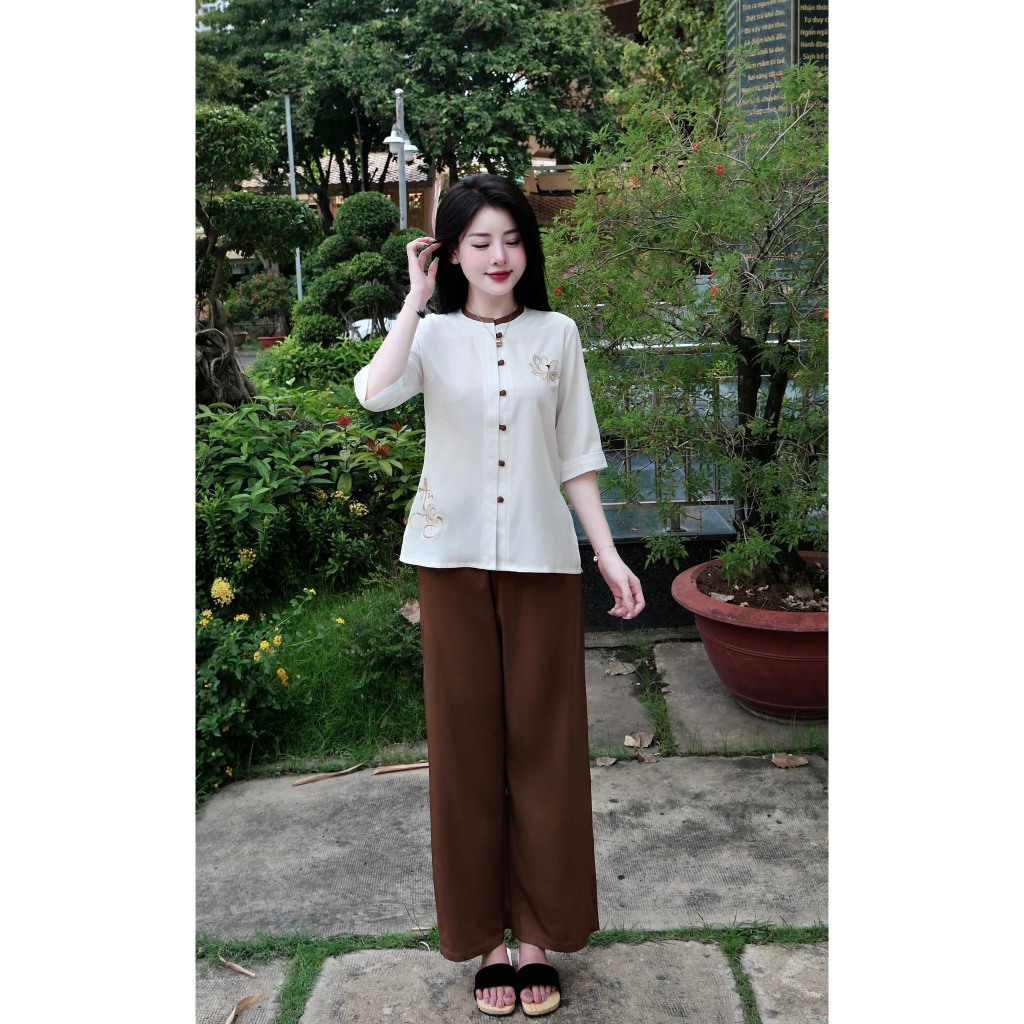 Bộ đi chùa cổ tròn thêu An Nhiên lụa trượt Pháp phục đi chùa đính cúc bọc thêu sen Đồ lam nữ tay lỡ lụa mêm Thanh lịch