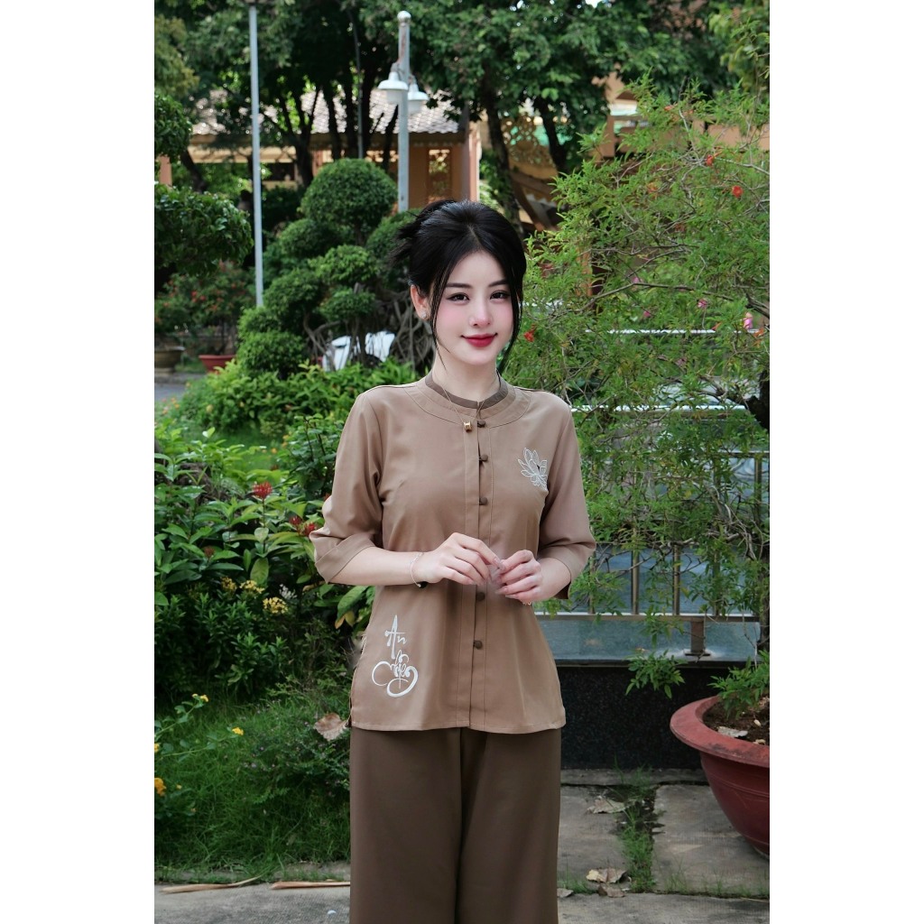 Bộ đi chùa cổ tròn thêu An Nhiên lụa trượt Pháp phục đi chùa đính cúc bọc thêu sen Đồ lam nữ tay lỡ lụa mêm Thanh lịch