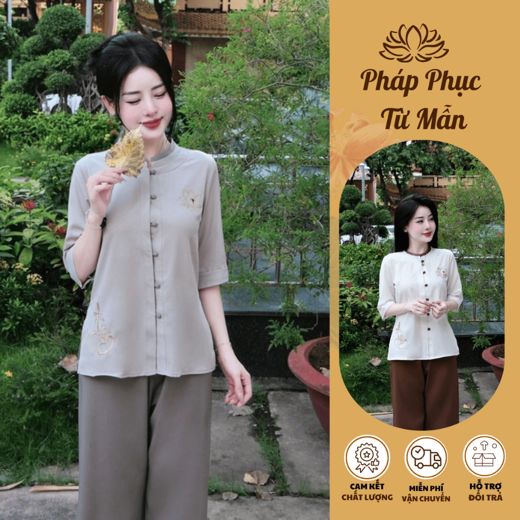 Bộ đi chùa cổ tròn thêu An Nhiên lụa trượt Pháp phục đi chùa đính cúc bọc thêu sen Đồ lam nữ tay lỡ lụa mêm Thanh lịch