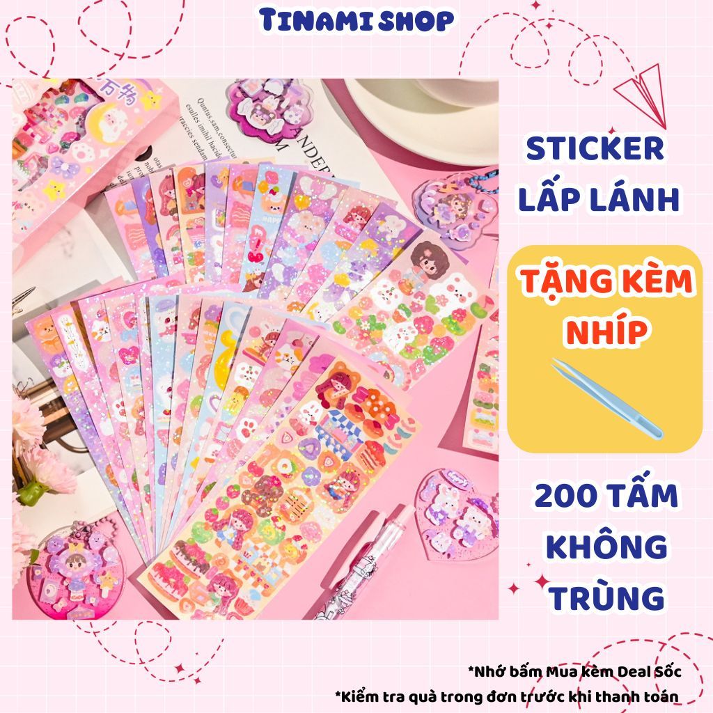 Set 50 100 tấm sticker lấp lánh có ánh nhũ hình dán dễ thương dán sổ ...