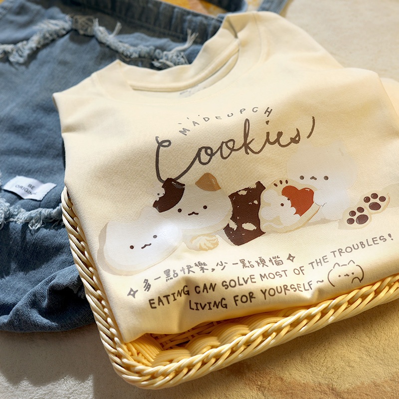 Áo thun Nữ HappyTee - Áo tay lỡ họa tiết Cookie dễ thương đáng yêu chất cotton 100 cao cấp - Màu Kem