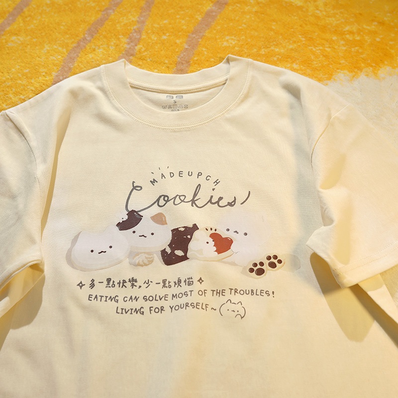 Áo thun Nữ HappyTee - Áo tay lỡ họa tiết Cookie dễ thương đáng yêu chất cotton 100 cao cấp - Màu Kem