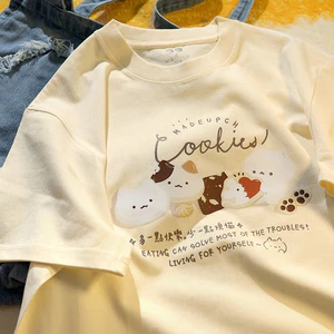 Áo thun Nữ HappyTee - Áo tay lỡ họa tiết Cookie dễ thương đáng yêu chất cotton 100 cao cấp - Màu Kem