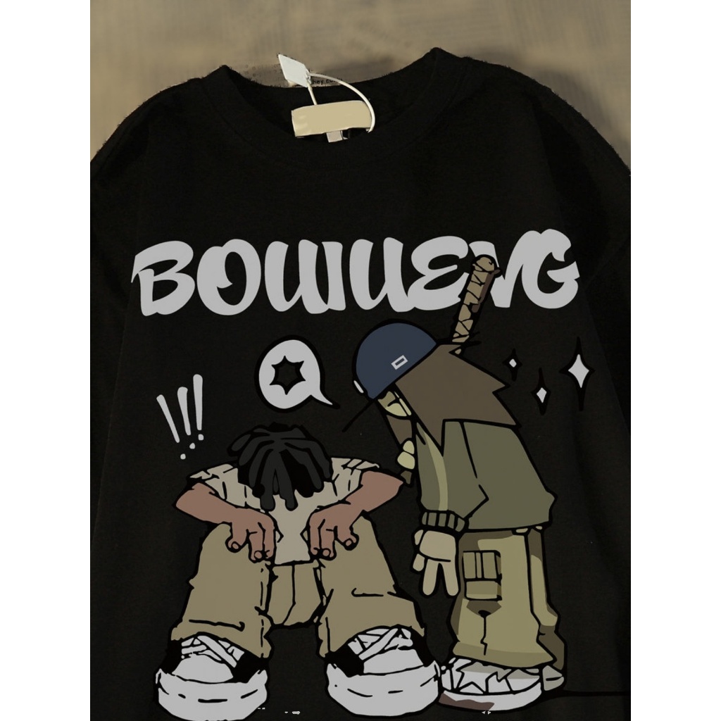 Áo Thun Nam HappyTee - Áo Tay Lỡ Nam Form Rộng Bóng Chày BOWUENG Chất vải cotton 100 cao cấp - 3 Màu Kem, Đen, Đỏ Đô