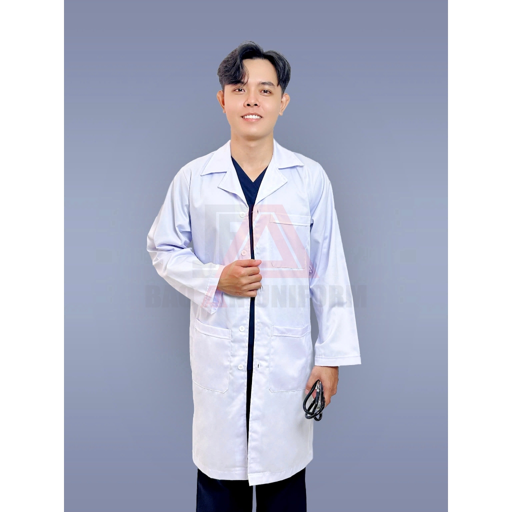 Áo Blouse Trắng Tay Dài Nam Nữ- Vải kaki VN, cổ bẻ danton, chuẩn form bác sĩ-hình thật