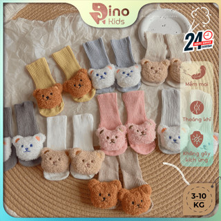 Tất vớ cổ cao đính gấu bông xù dễ thương cho bé 3-10kg. Tất sơ sinh cho bé. Dino Kids