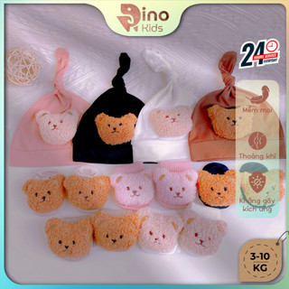 Set mũ củ tỏi đính gấu kèm tất sơ sinh 3-10kg. Phụ kiện sơ sinh trẻ em. Dino kids