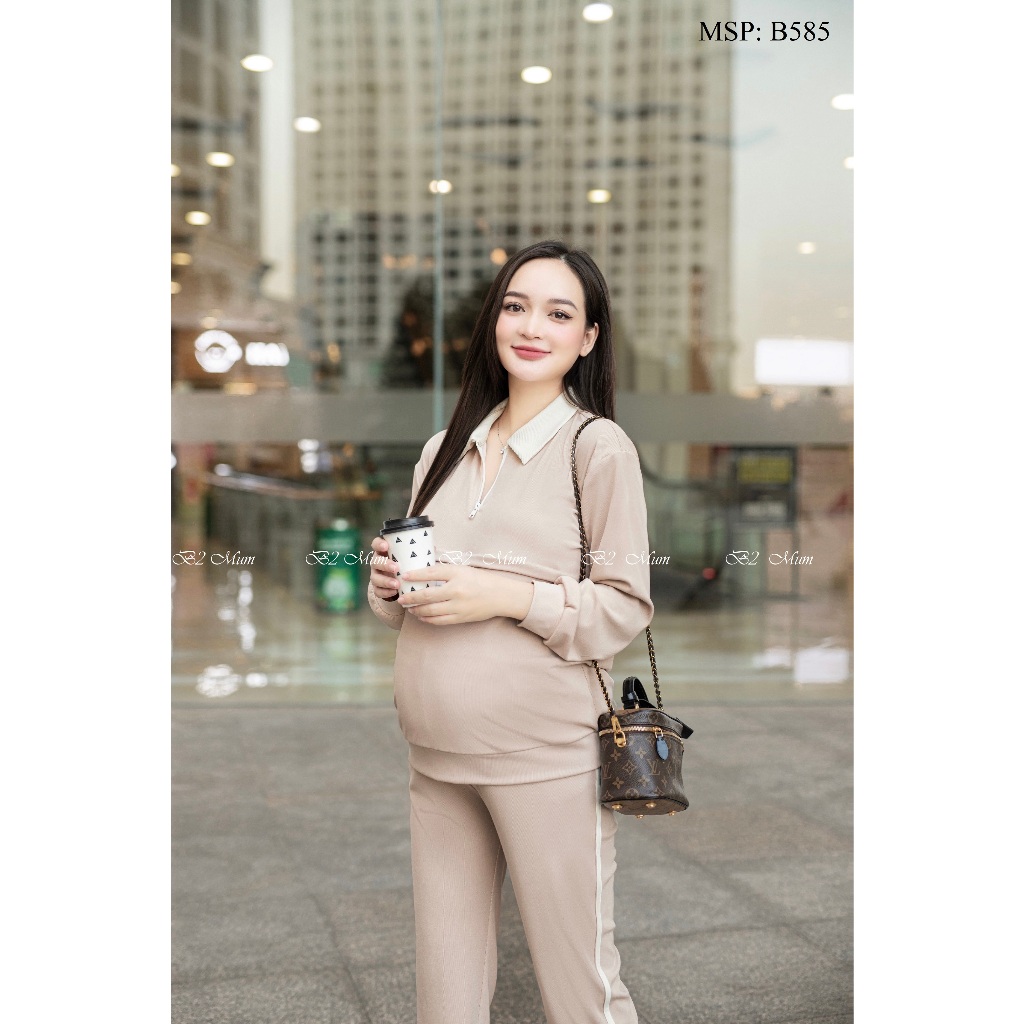 Bộ bầu mặc nhà và sau sinh chất tăm hàn mỏng cao cấp, mềm co giãn 4 chiều có khóa cho bé ti B585 B2MUM