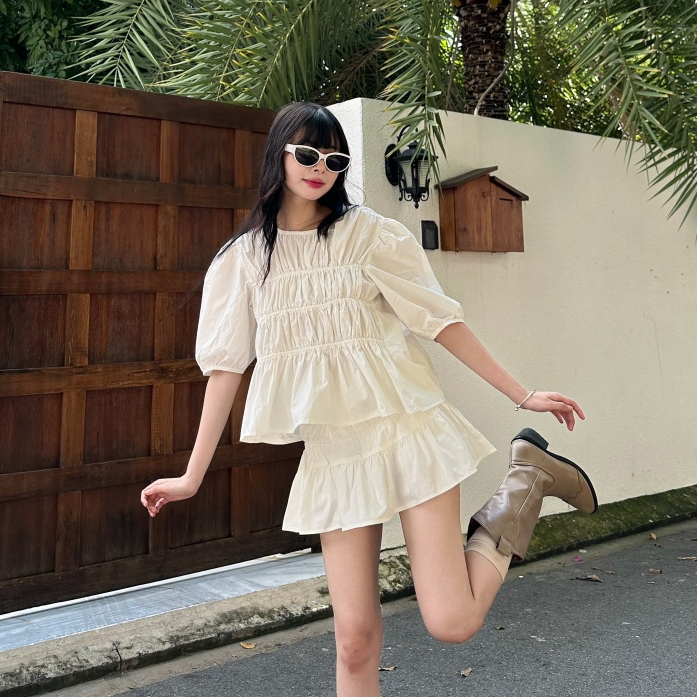 [Freeship] Set Áo Váy Nữ Thanh Lịch Màu Trắng Retro Tặng Kèm Scrunchies