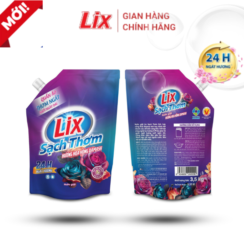 Ảnh Nước giặt Lix sạch thơm hương hoa hồng Damask Lixco Việt Nam nước giặt Lix cho giặt tay và giặt máy túi 3,2kg 18403 3