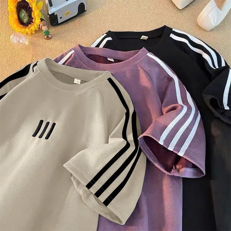 Ảnh Áo Phông Form Rộng thêu 3 sọc trước ngực  Áo Thun Tay Lỡ Nam Nữ  Form Rộng Unisex Cotton khô thoáng mát thấm hút mồ hôi 1