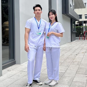 Bộ Scrubs Màu Trắng Bác Sĩ, Quần Áo Blouse Cổ Tim NAM NỮ Màu Trắng chất vải Cotton Lạnh mịn mát dày dặn